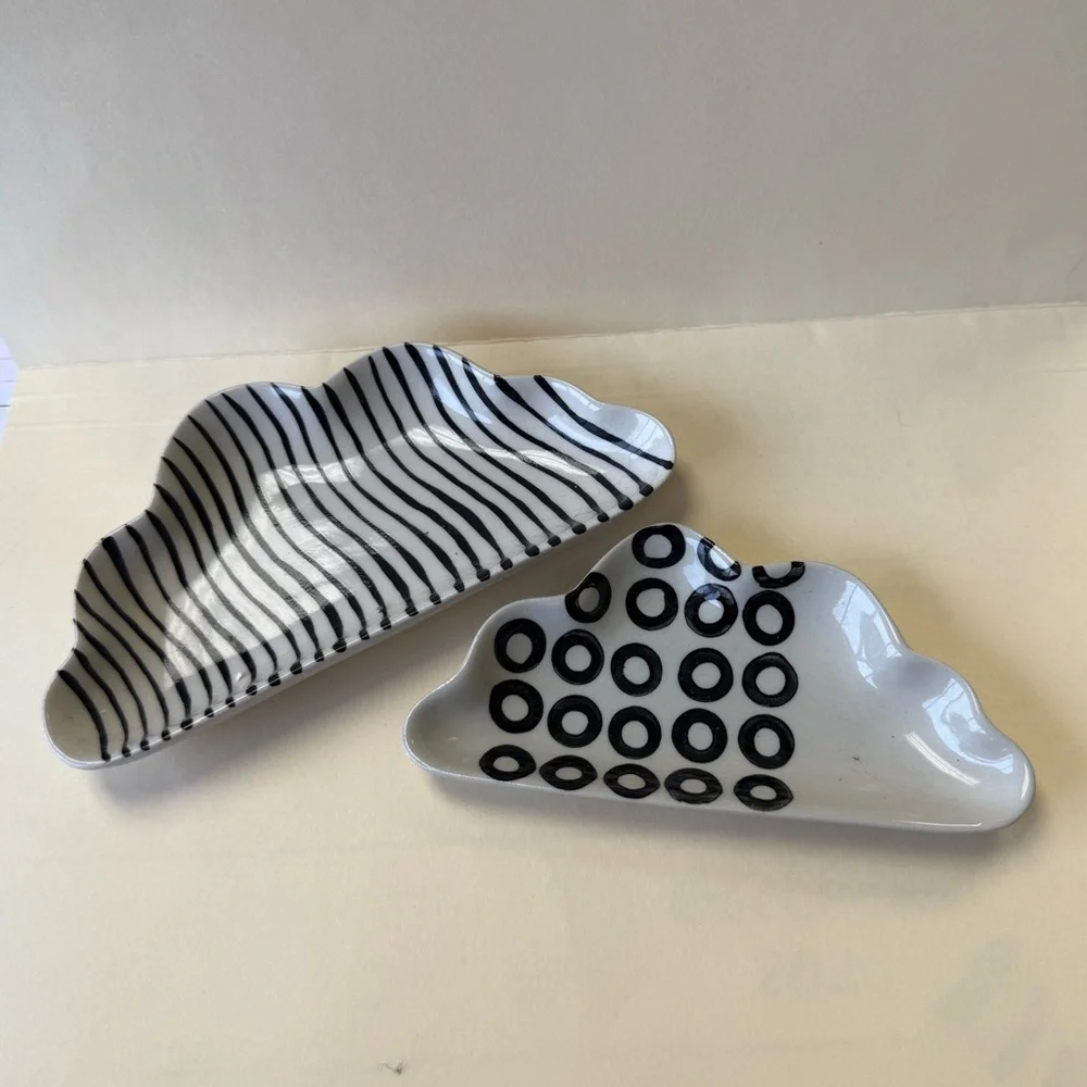2 West Elm Cloud Ceramic Trinket Dishes in Black & White Geometric Designs.